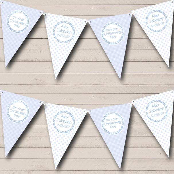 Boy Blue Check Spots Personalised Christening Baptism Bunting