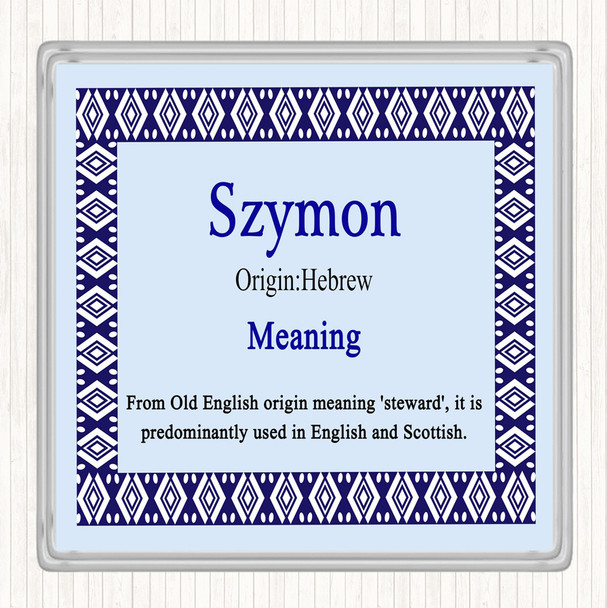 Szymon Name Meaning Drinks Mat Coaster Blue