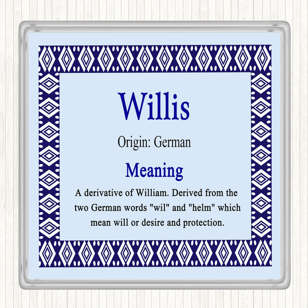 Willis Name Meaning Drinks Mat Coaster Blue