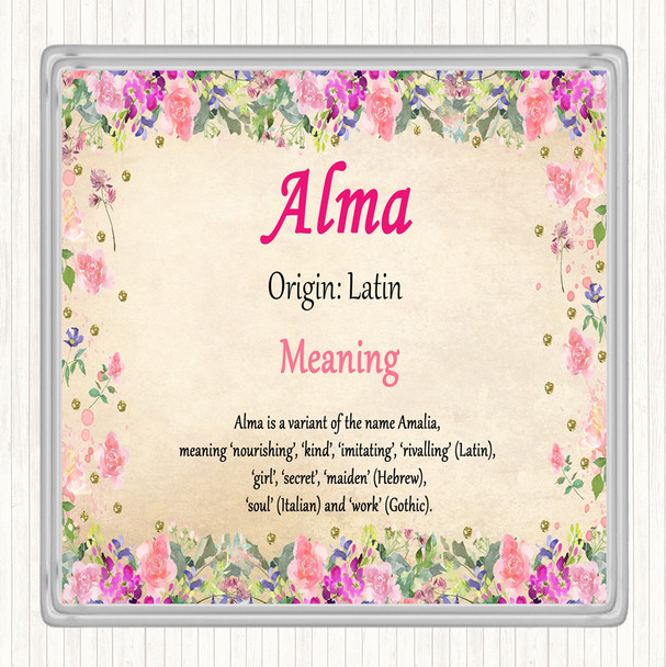 Alma Name Meaning Drinks Mat Coaster Floral