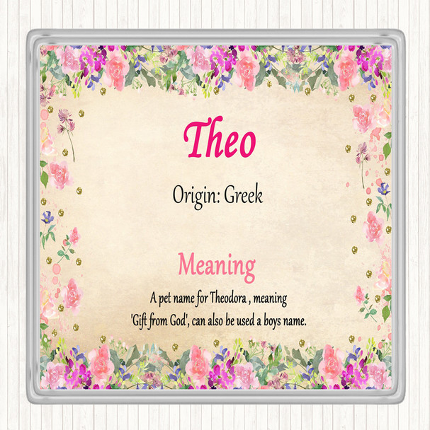 Theo Name Meaning Drinks Mat Coaster Floral