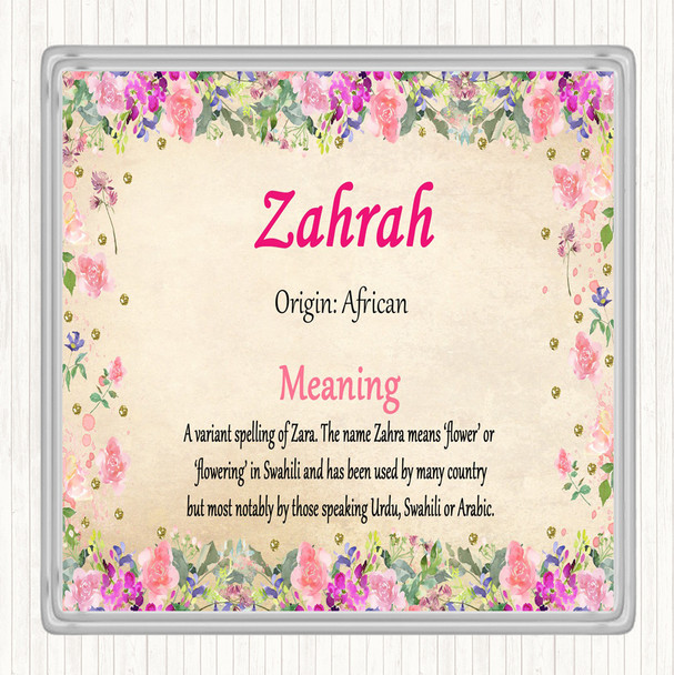 Zahrah Name Meaning Drinks Mat Coaster Floral