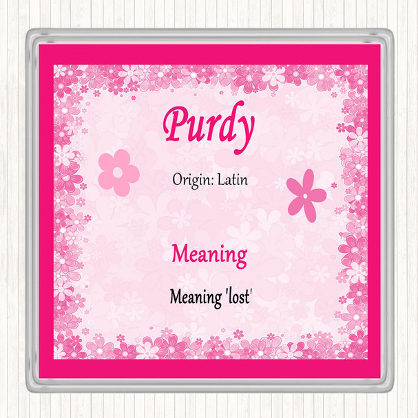 Purdy Name Meaning Drinks Mat Coaster Pink