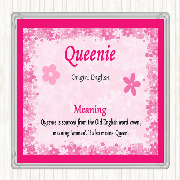 Queenie Name Meaning Drinks Mat Coaster Pink