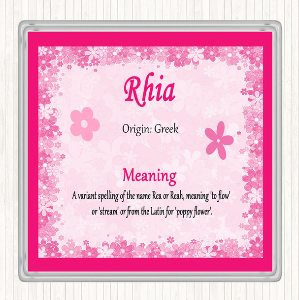 Rhia Name Meaning Drinks Mat Coaster Pink