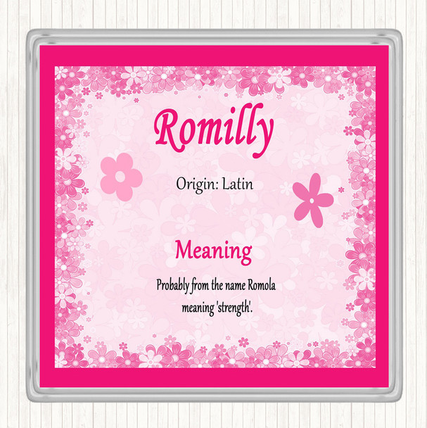 Romilly Name Meaning Drinks Mat Coaster Pink