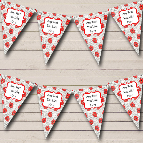 Shabby Chic Newspaper And Red Poppy Flowers Personalised Wedding Bunting