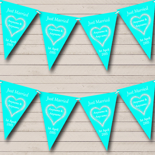 Aqua And White Just Married Personalised Wedding Venue or Reception Bunting