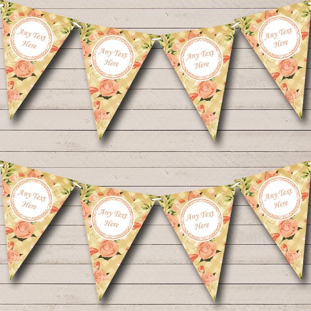 Shabby Chic Vintage Coral Rose Check Personalised Birthday Party Bunting