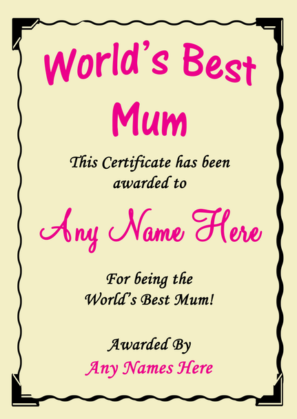 Mum Best In The World Award Personalised Certificate