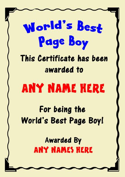 Page Boy Best In The World Award Personalised Certificate