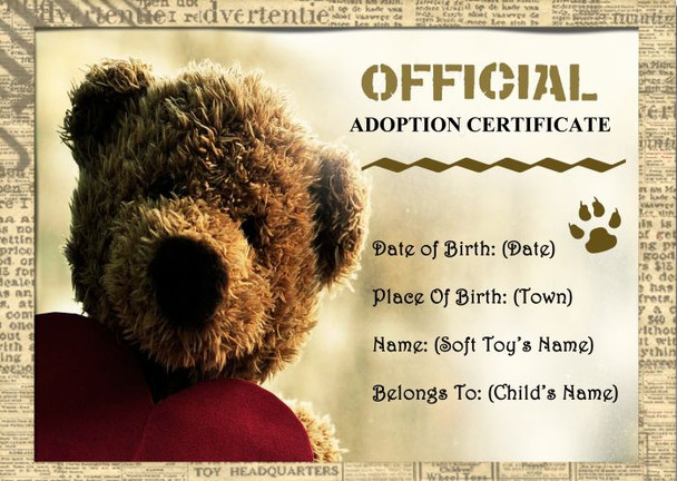 Bear Soft Toy Personalised Adoption Certificate