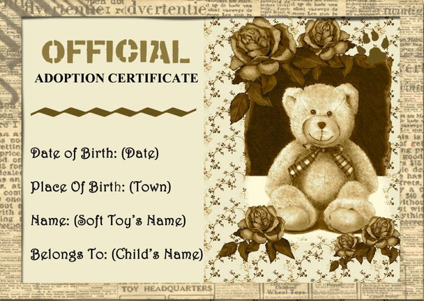 Cute Teddy Bear Soft Toy Personalised Adoption Certificate