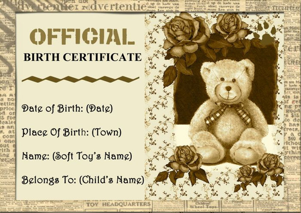 Cute Teddy Bear Soft Toy Personalised Birth  Certificate