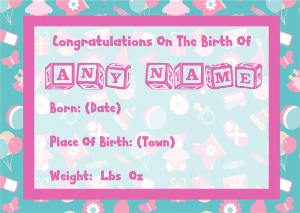 New Baby Girl Personalised Name Birth Certificate