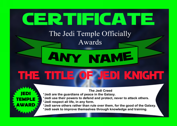 Star Wars Personalised Jedi Knight Award Certificate
