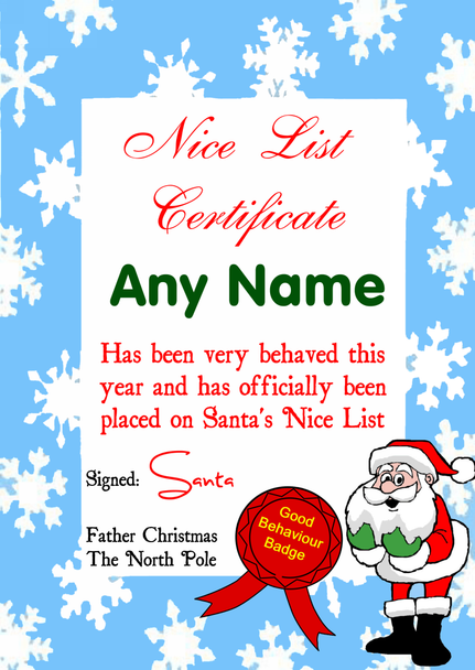 Blue Snowflake Personalised Christmas Santa's Nice List Certificate