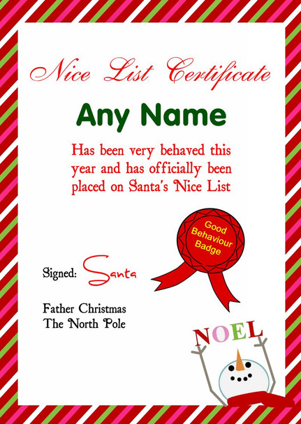 Red Candy Stripe Snowman Personalised Christmas Santa's Nice List Certificate Red Candy Stripe Snowman Personalised Christmas Santa's Nice List Certificate