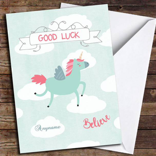 Flying Unicorn Personalised Good Luck Card