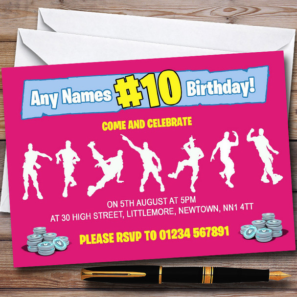Pink Girls Fortnite Dances Personalised Children's Birthday Party Invitations
