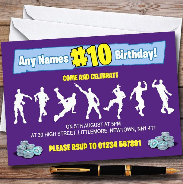 Purple Fortnite Dances Personalised Children's Birthday Party Invitations