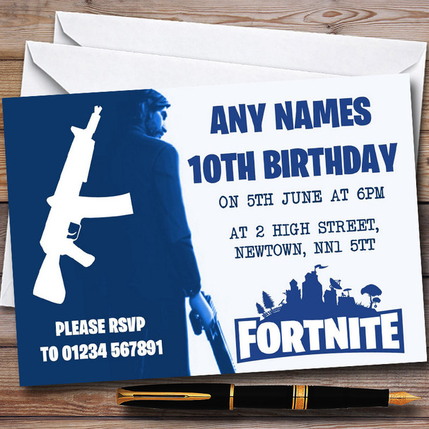 Fortnite Blue  & White John Wick Personalised Birthday Party Invitations