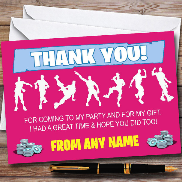 Pink Girls Fortnite Dances Personalised Birthday Party Thank You Cards