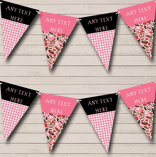 Cakes Baking Sweets Pink Black Personalised Childrens Party Bunting
