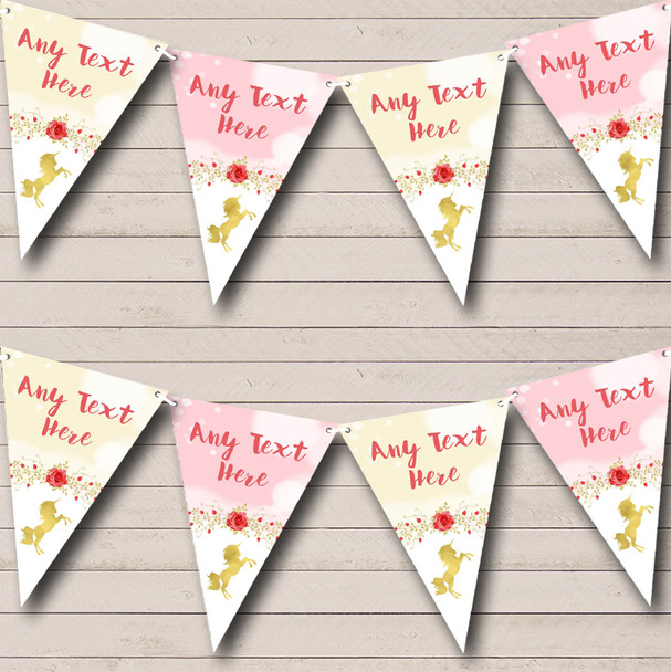 Deep Coral Pink Gold Unicorn Personalised Childrens Party Bunting