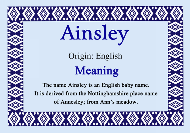 Ainsley Personalised Name Meaning Certificate