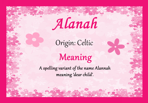 Alanah Personalised Name Meaning Certificate