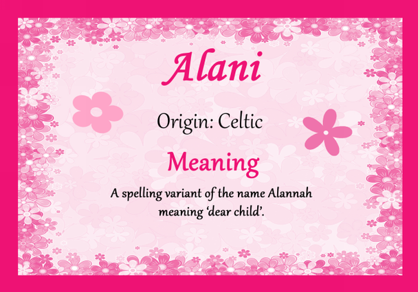 Alani Personalised Name Meaning Certificate