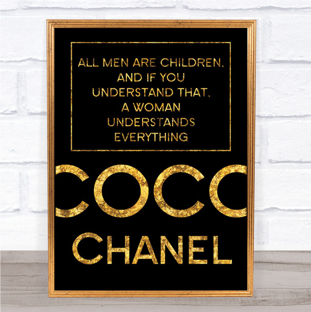 Black & Gold Coco Chanel All Men Are Children Quote Wall Art Print