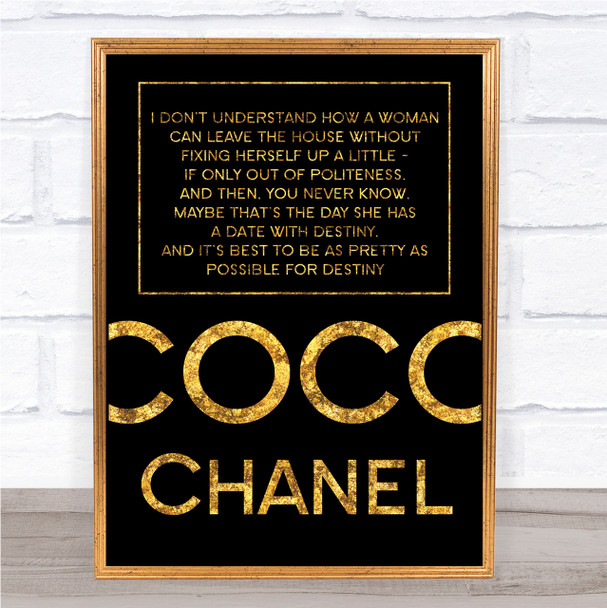 Black & Gold Coco Chanel Fixing Herself Up A Little Quote Wall Art Print