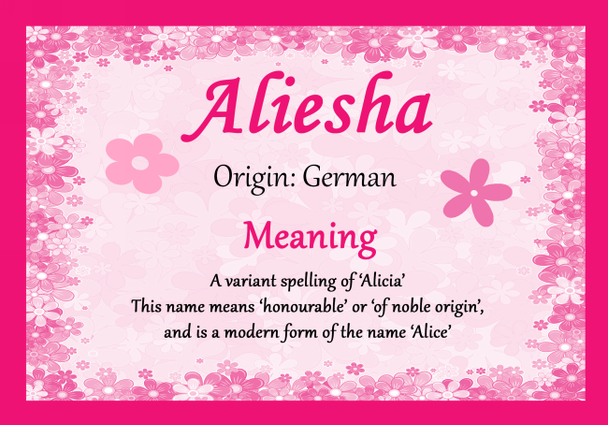 Aliesha Personalised Name Meaning Certificate