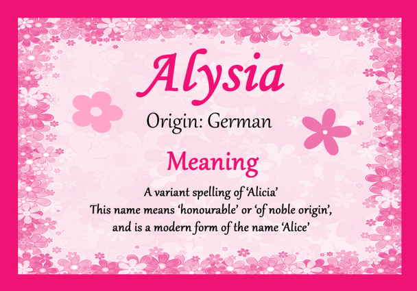 Alysia Personalised Name Meaning Certificate
