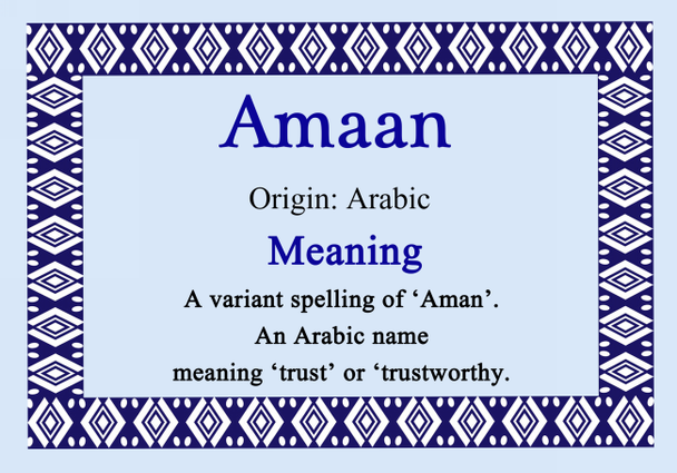 Amaan Personalised Name Meaning Certificate