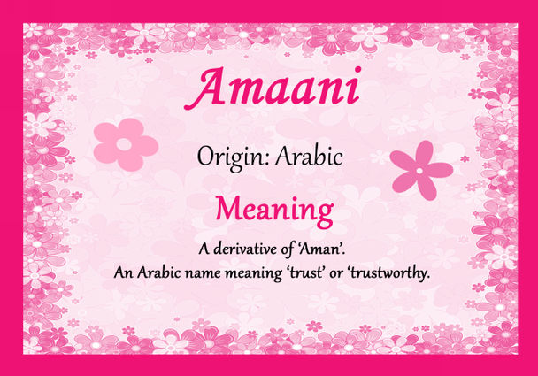 Amaani Personalised Name Meaning Certificate