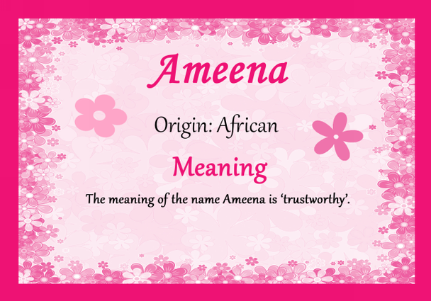 Ameena Personalised Name Meaning Certificate