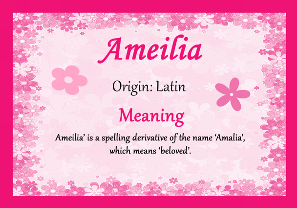 Ameilia Personalised Name Meaning Certificate