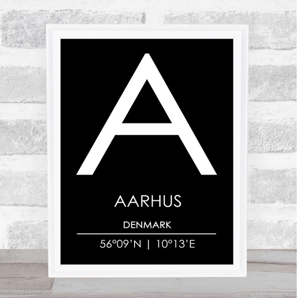 Aarhus Denmark Coordinates Black & White World City Travel Print
