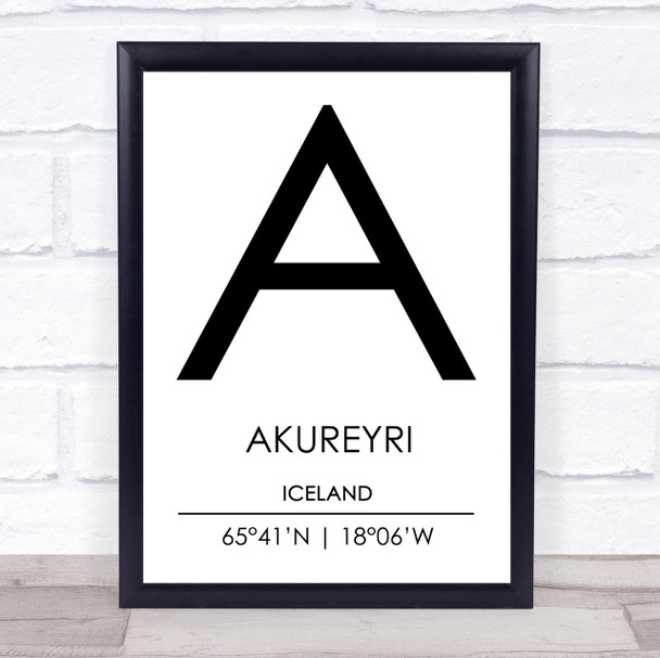 Akureyri Iceland Coordinates World City Travel Print
