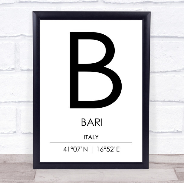 Bari Italy Coordinates World City Travel Print