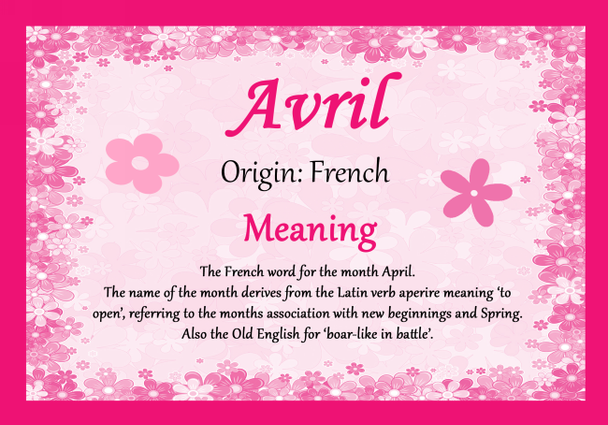 Avril Personalised Name Meaning Certificate