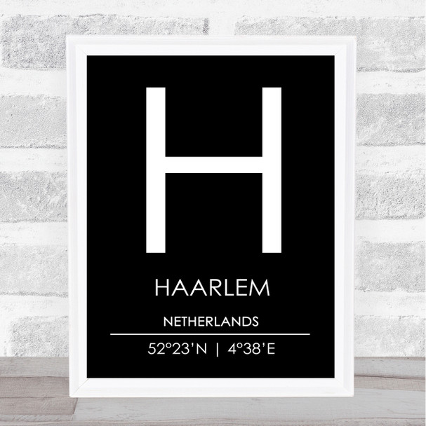 Haarlem Netherlands Coordinates Black & White Travel Print