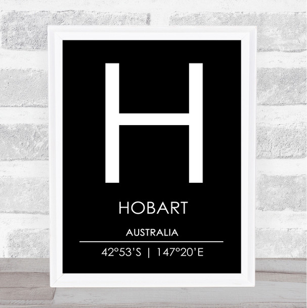 Hobart Australia Coordinates Black & White World City Travel Print