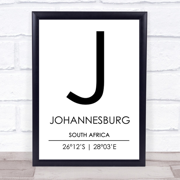 Johannesburg South Africa Coordinates Travel Print