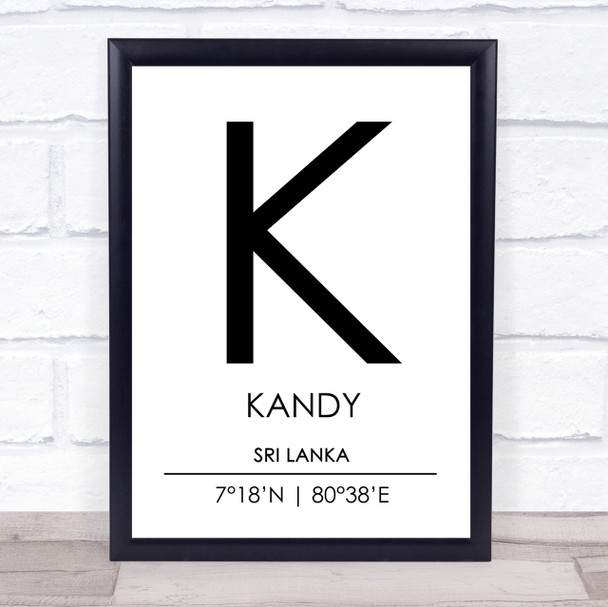 Kandy Sri Lanka Coordinates World City Travel Print