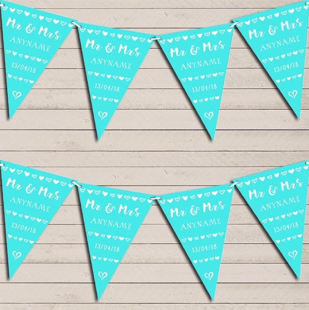 Mr & Mrs Hearts Aqua Blue Wedding Anniversary Bunting Garland Party Banner