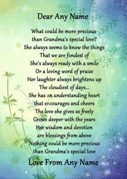 Green & Blue Grandmas Special Love Personalised Poem Certificate